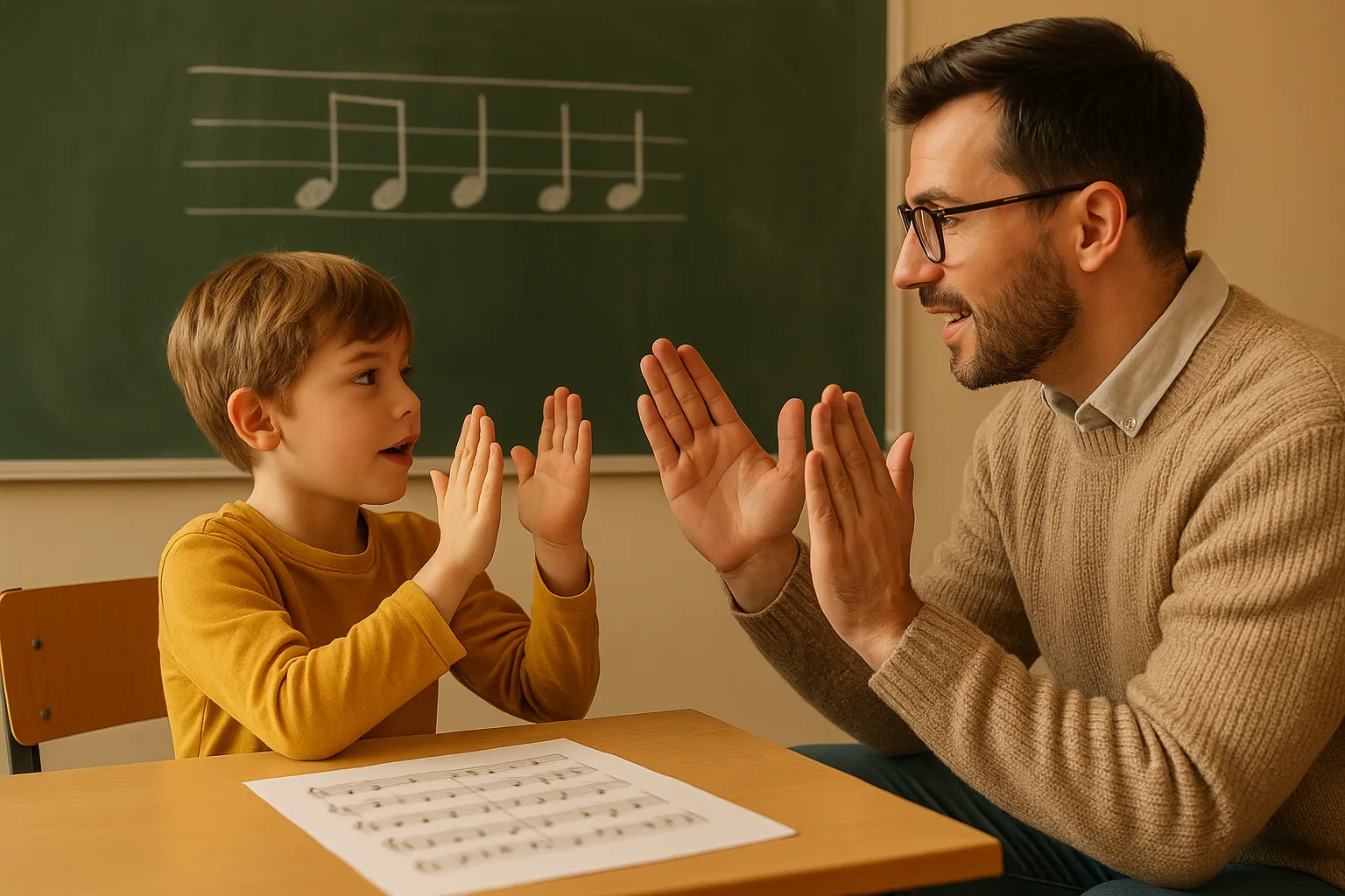 Преподаватель обучает ребёнка ритму с нотами на доске