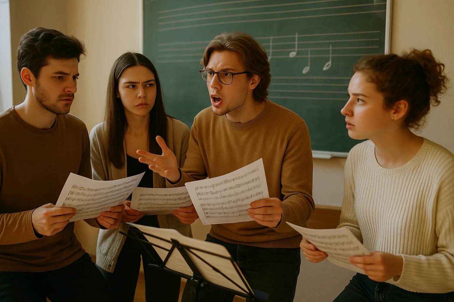 Группа студентов разбирает музыкальную ошибку по нотам