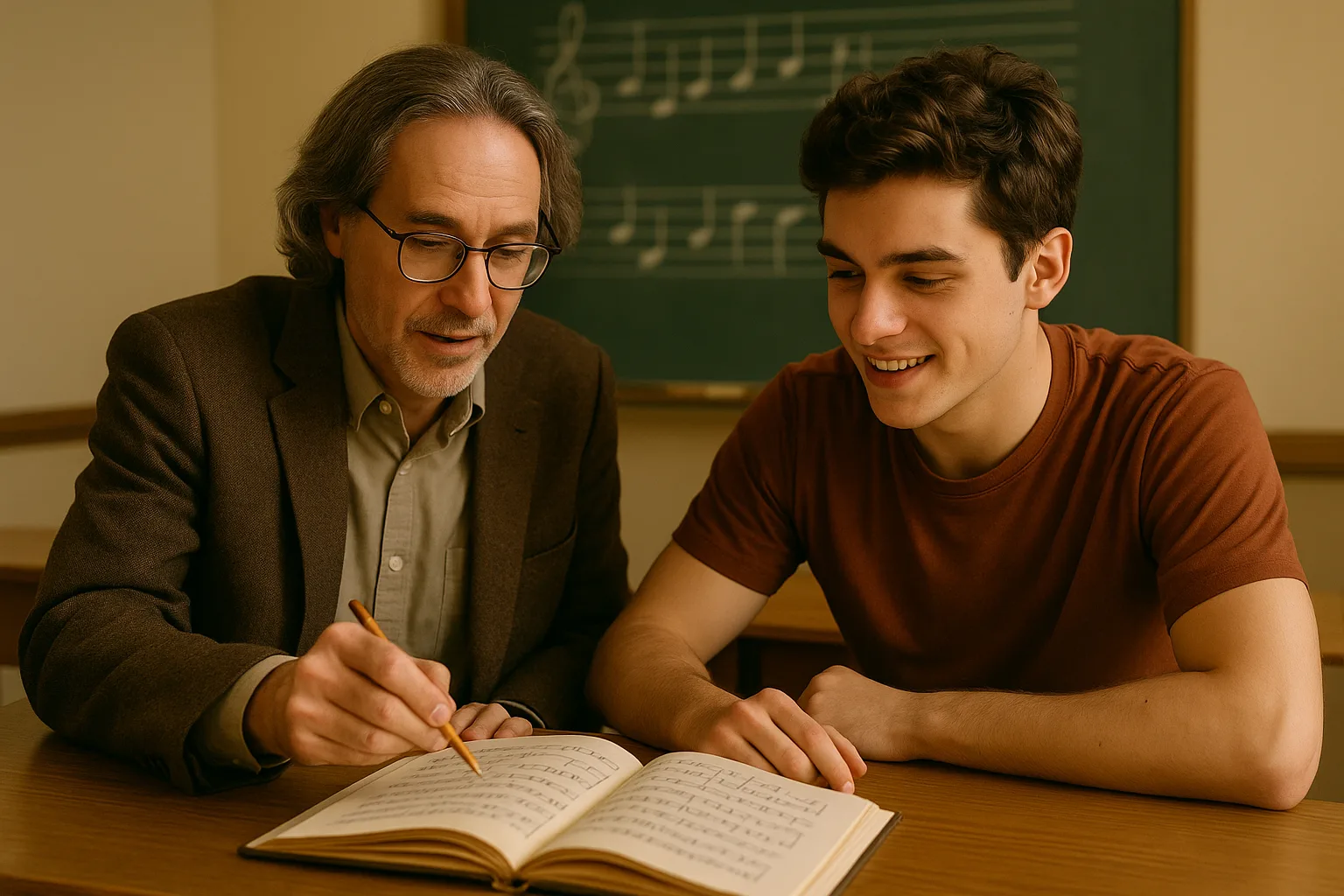 Преподаватель и студент разбирают работу с нотами на столе